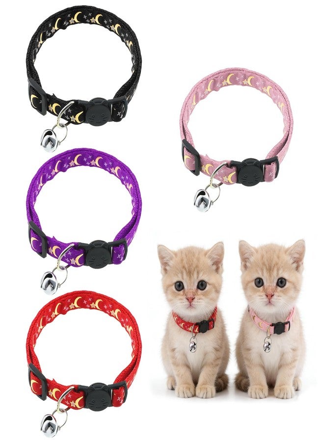 Jeffdad طوق قطط جيفداد مكون من 4 قطع مع أجراس، طوق قابل للفك للقطط الصغيرة، طوق على شكل هلال ونجوم، طوق آمن للقطط الصغيرة - قابل للتعديل من 8.3 إلى 13.4 بوصة - Image 1